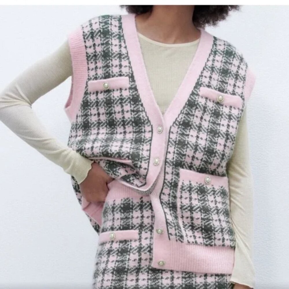 Zara Plaid Sweater Vest Pearl Buttons Pink Green Size Small Blogger Fav - Picture 2 of 8
